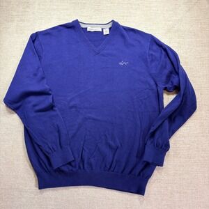 Greg Norman V Neck Golf Sweater Blue Embroidered Shark Logo XL Mens 100% Cotton